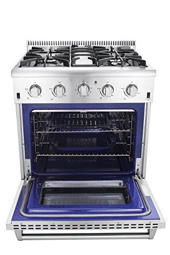 Thor Kitchen HRG3080U 30″ Freestanding Professional Style Gas Range with 4.2 cu. ft. Oven, 4 Burners, Convection Fan, Cast Iron Grates, and Blue Porcelain Oven Interior, in Stainless Steel Image